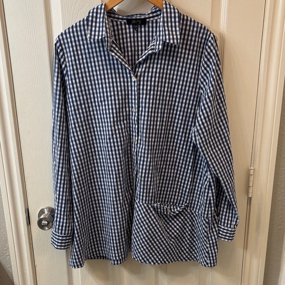 Comfy USA Lagenlook‎ Blue and White Gingham XL Button Down Top